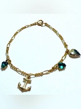 Vintage Gold Tone Figaro Charm Bracelet - Anchor, Green Glass Heart-Nautical EUC